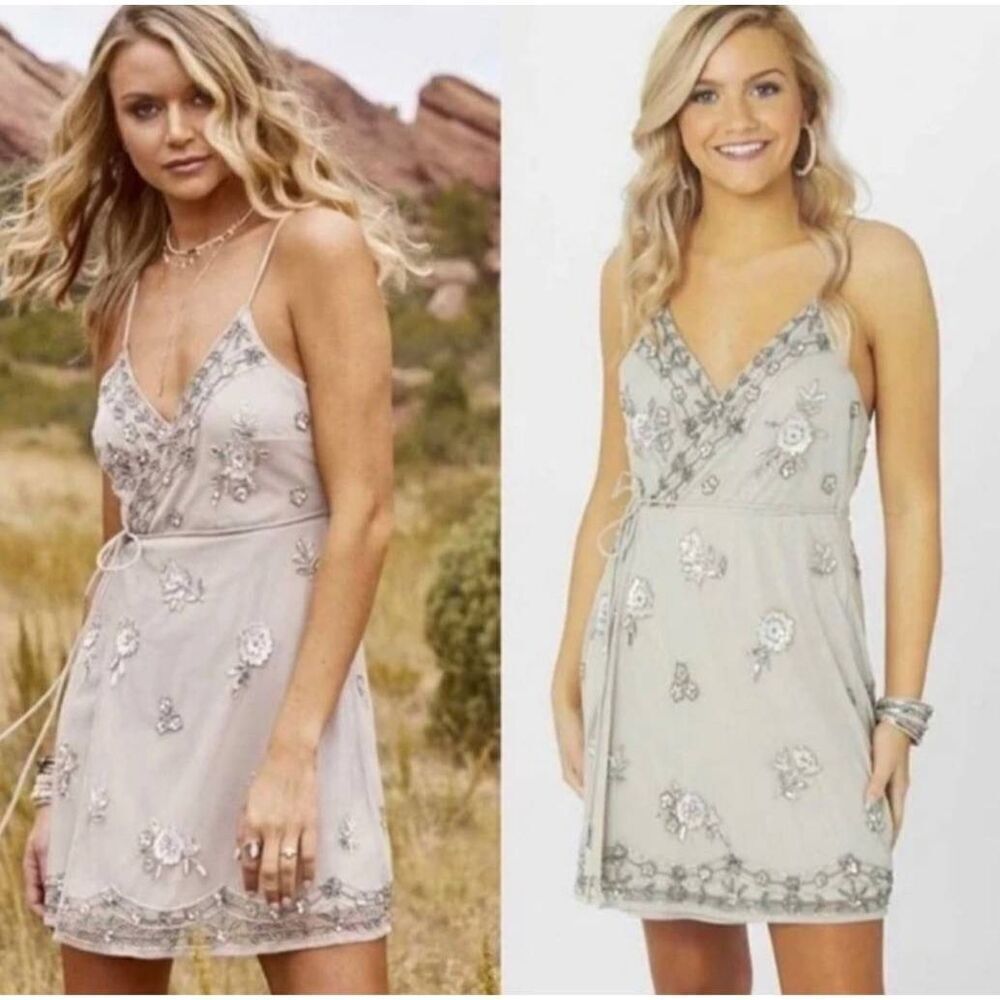 Altar'd State Champagne Beaded Sparkle Faux Wrap Mini Dress Size Small